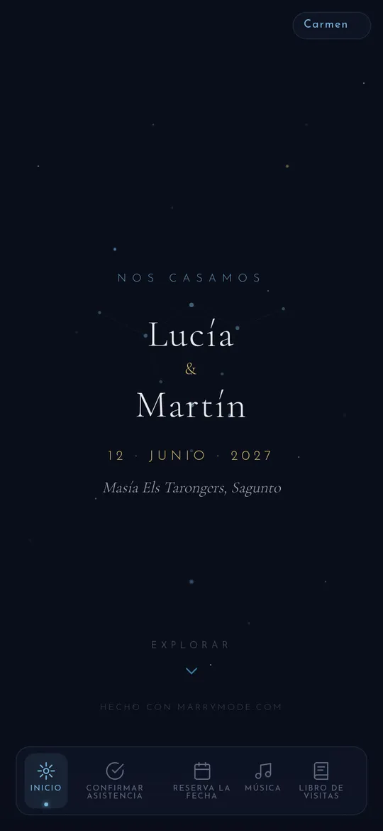 Diseño Cosmos: fondo de noche estrellada con navegación por pestañas